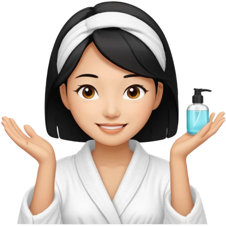 A black-haired East Asian woman smiling with a satisfied, relaxed expression. She is wearing a bathrobe, in the middle of her skincare routine, and her skin looks radiant. emoji
