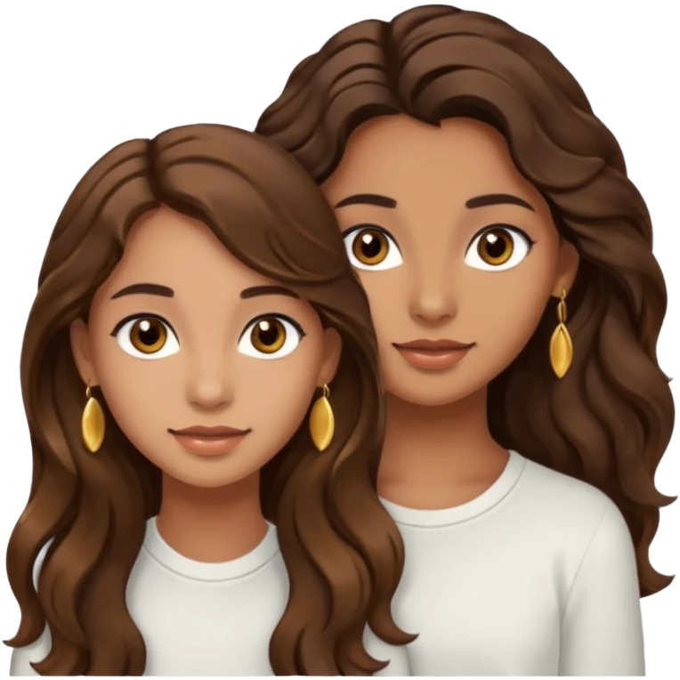 Pretty teen girl with brown wavy hair brown eyes tan skin and gold earrings with her best friend with very long very dark brown hair brown eyes and same skin and gold earrings emoji