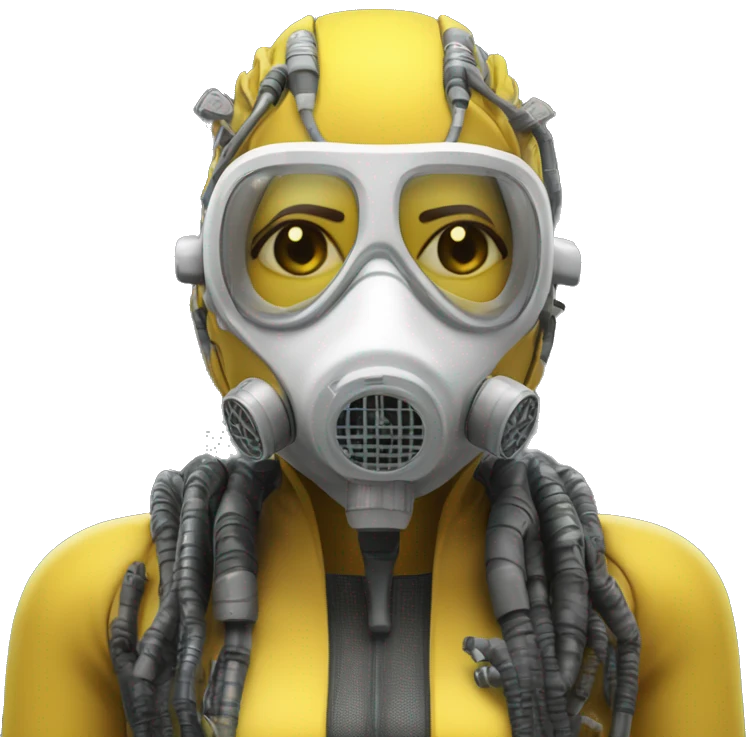 Dark yellow Mohawk female cyborg head with white respirator mask and circuits emoji