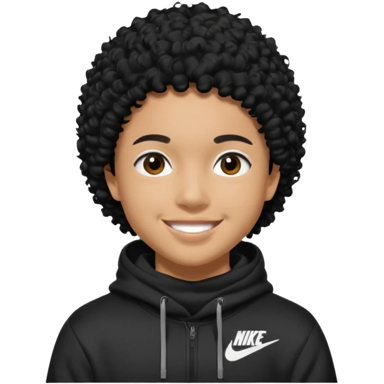 Blasian teenager wearing a hoodie with black curly hair and nike ski mask emoji