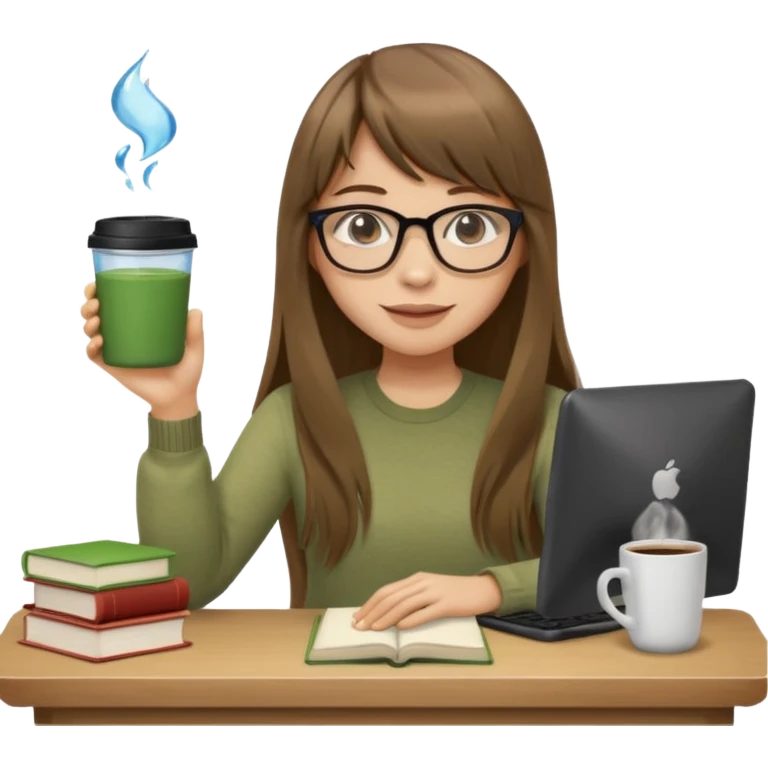 a designer with light skin long brown hair bangs waving, stack of books, coffee cup on top, water bottle, computer, matcha  emoji