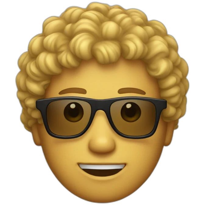 A white men with brown sunglasses and yellow curly hair  emoji