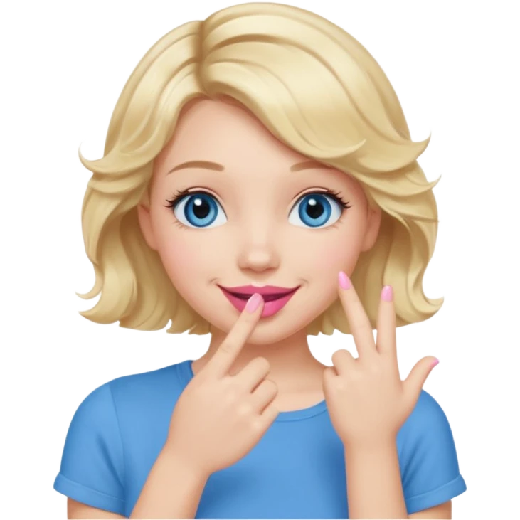 Girl Blonde short wavy hair,  blue eyes, cute blue top, long lashes, pink lips, smiling, hand covering the mouth emoji