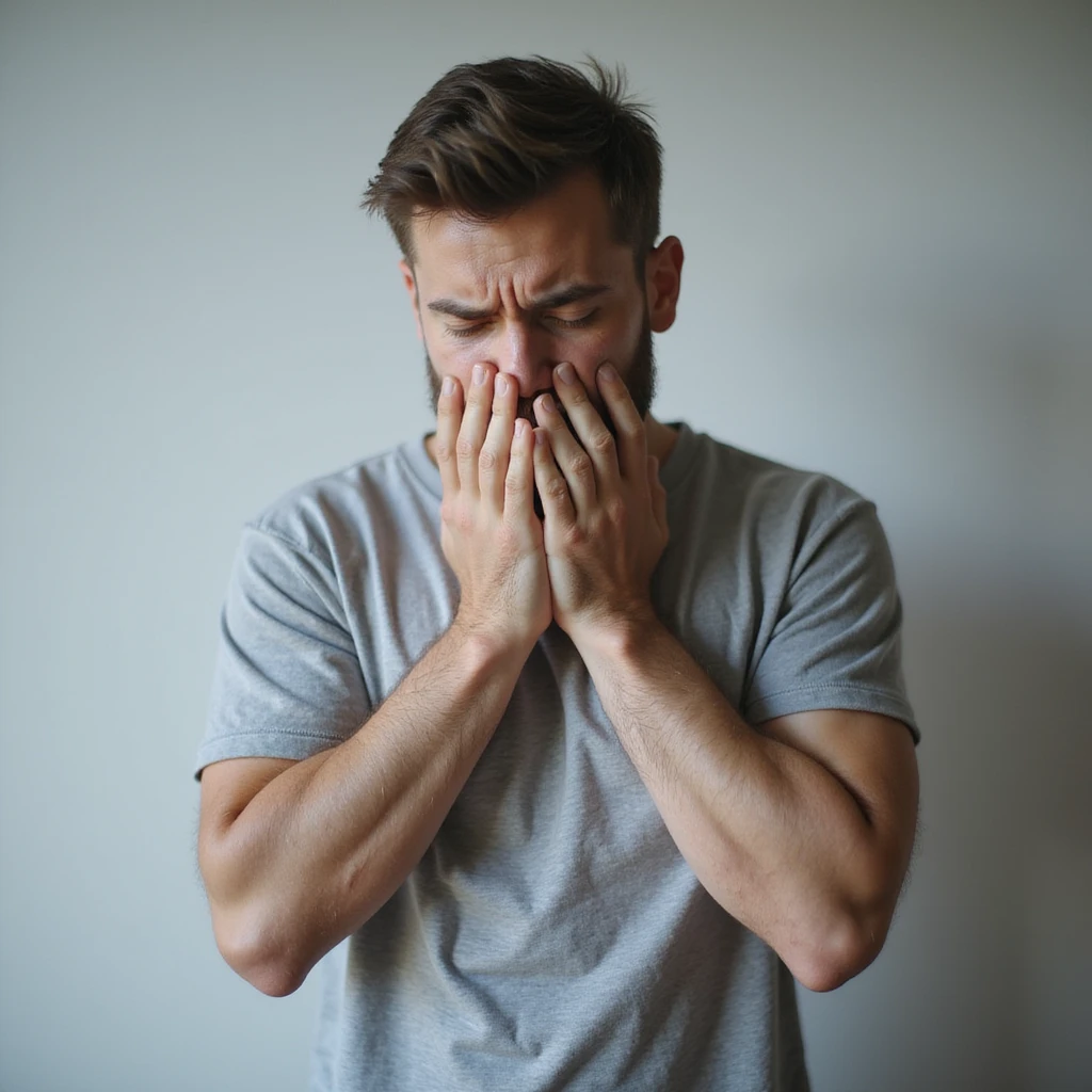 realistic 30-year-old man in anxiety crisis, hands covering face, short breath, panicked expression, light background emoji