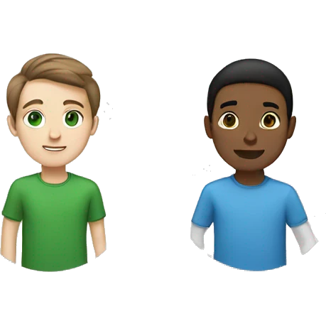 Two best friends. One is a boy with brown hair, white skin, and green eyes wearing a blue shirt. The other is a girl with long black hair, brown eyes, and white skin wearing a green shirt. emoji