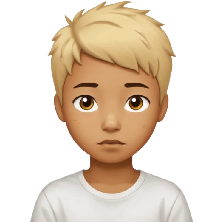 caramel skin color. Teen age. Short buzz, messy blonde hair, large expressive golden-brown eyes, brown skin color, scar over nose, wearing a plain white t-shirt. emoji