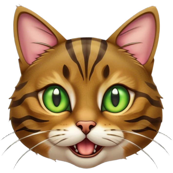 Cinematic Comical Brown Tabby Cat Portrait Emoji, Head tilted dramatically with an exaggeratedly shocked or offended expression, rich brown fur with bold dark tabby stripes, wide piercing golden-green eyes filled with exaggerated disbelief, Simplified yet hilariously expressive features, highly detailed, glowing with a slightly sassy glow, high shine, dramatic yet playful, stylized with an air of attitude, bright and endearing, soft glowing outline, capturing the essence of a sassy and over-the-top feline, so meme-worthy it feels like it could side-eye its way into internet fame instantly! emoji