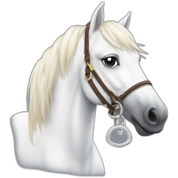 White stallion mustang wearing a key around the neck only necklace no mouth strap showing neck no lock emoji
