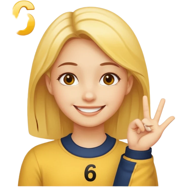 yellow smiling face girl with one hand flat under chin. With the number 6 on the left hand and the number 7 on the right hand emoji