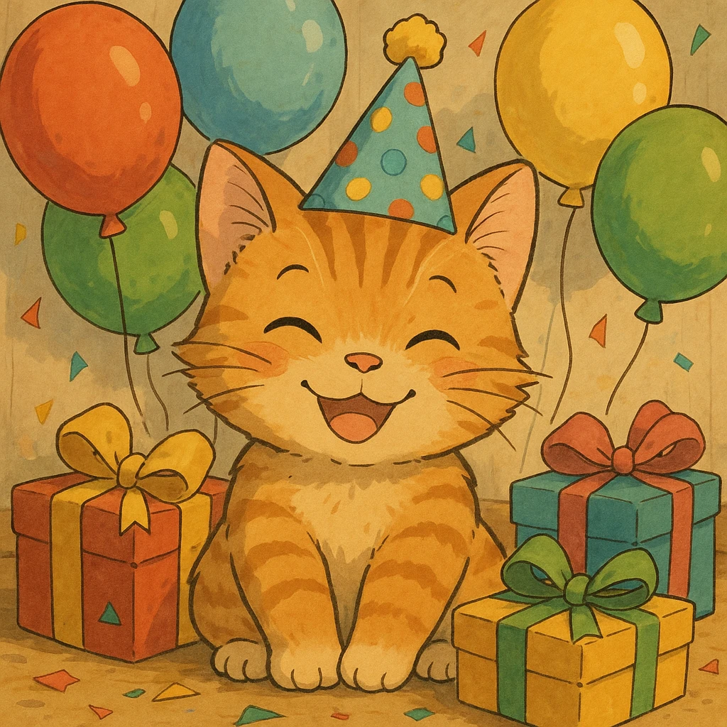 ginger tabby kitten wearing a birthday hat, surrounded by balloons and gifts, smiling, ghibli style birthday scene emoji