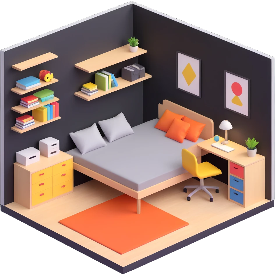 3D layout of teen bedroom with bed against wall, corner desk, and storage units emoji