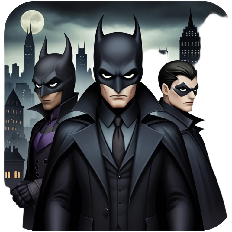 Icon for Thriller Movies: A large, dramatic collage featuring sinister villains in dark clothing. The background shows the gloomy cityscape of Gotham, with dim lighting and eerie shadows. The atmosphere should be tense, mysterious, and suspenseful. Transparent background. emoji