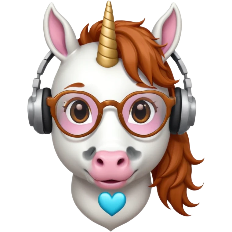 headphone wearing white unicorn with dark ginger hair and heart shaped spectacles emoji