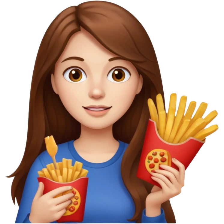 lean female with long hair holding fries and eating pizza emoji