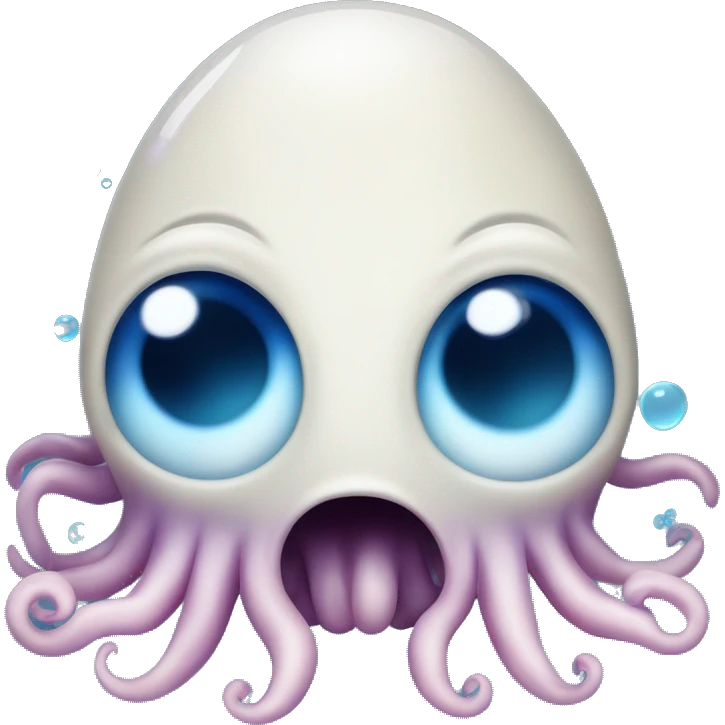 An oblong floating squid in dark blue gradient with happy eyes, a slight violet tint on te end of the tenacles, with bubbles floating around, without mouth, with back eyes surrounded by blue emoji