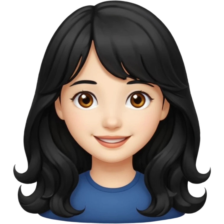 Please generate a portrait of a pretty girl with long, wavy, black hair. She's smiling. She also wears a middle parting and bangs. emoji