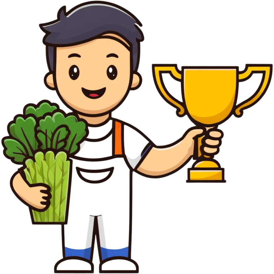 Happy gardener with trophy and prize vegetables emoji