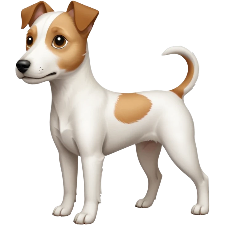 a full body white parson russell looking dog the size of a kelpie with light brown ears and a light brown patch on one eye and a large snout emoji