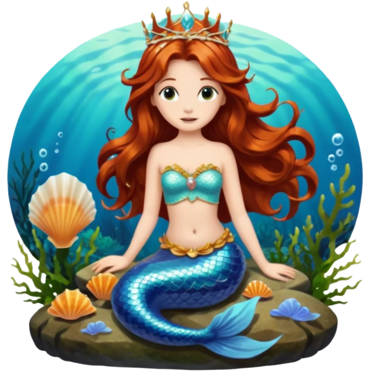 Mermaid with Shell Crown – Long flowing hair, shell tiar, sitting on rock emoji