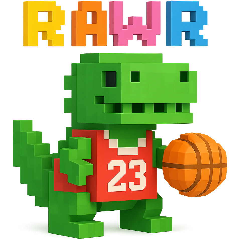 надпись "RAWR" и динозавр с баскетбольном мячом в майке с надписью "23", no background emoji