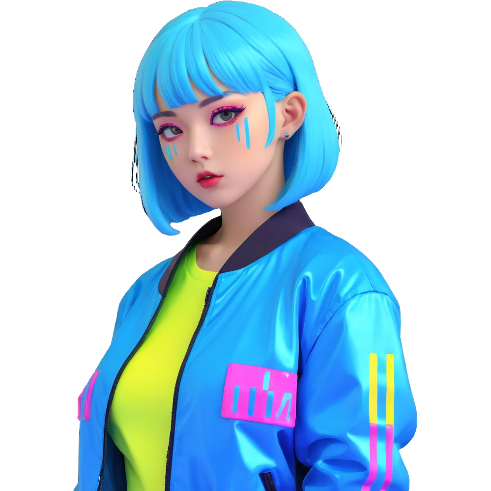Cyberpunk Japanese girl with neon blue wig, holographic jacket, digital glitches effect, dark background with purple neon glow emoji