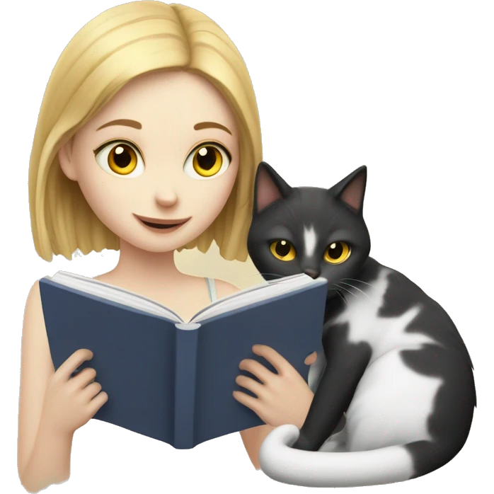 a pale skinned girl reading a book and a cat emoji