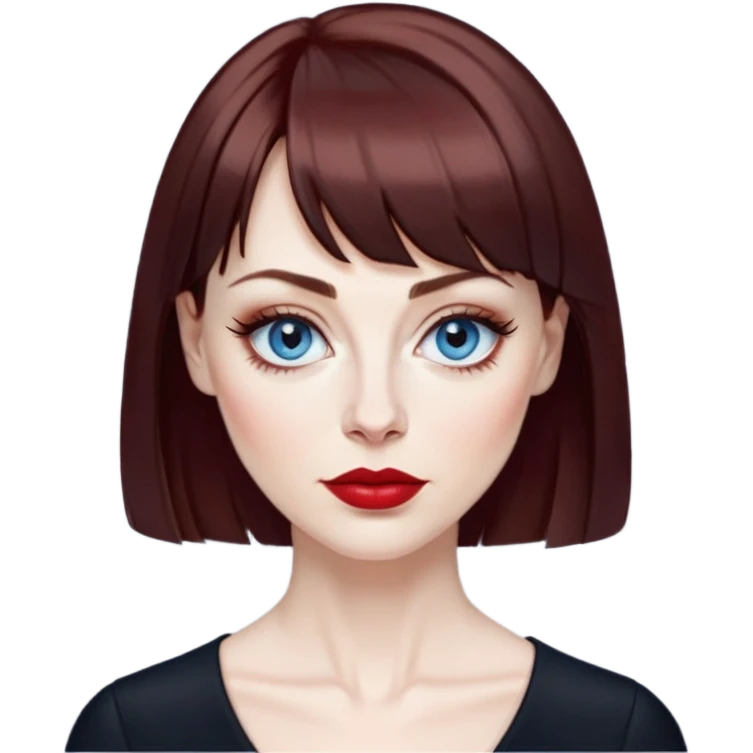 Woman in her late 40s with pale skin, wider face, blue eyes with eyeliner, thin eyebrows, small nose, red lipstick, dark auburn hair with bangs, wearing a black top emoji