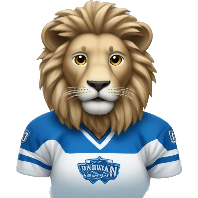 A lion in a hockey uniform in white and blue emoji
