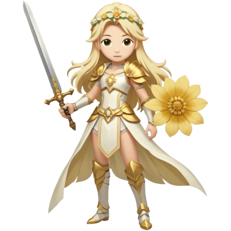 Lumine (from Genshin Impact) White and golden clothes, blonde, long-haired, with a big flower on side of head and with a sword (full body) emoji