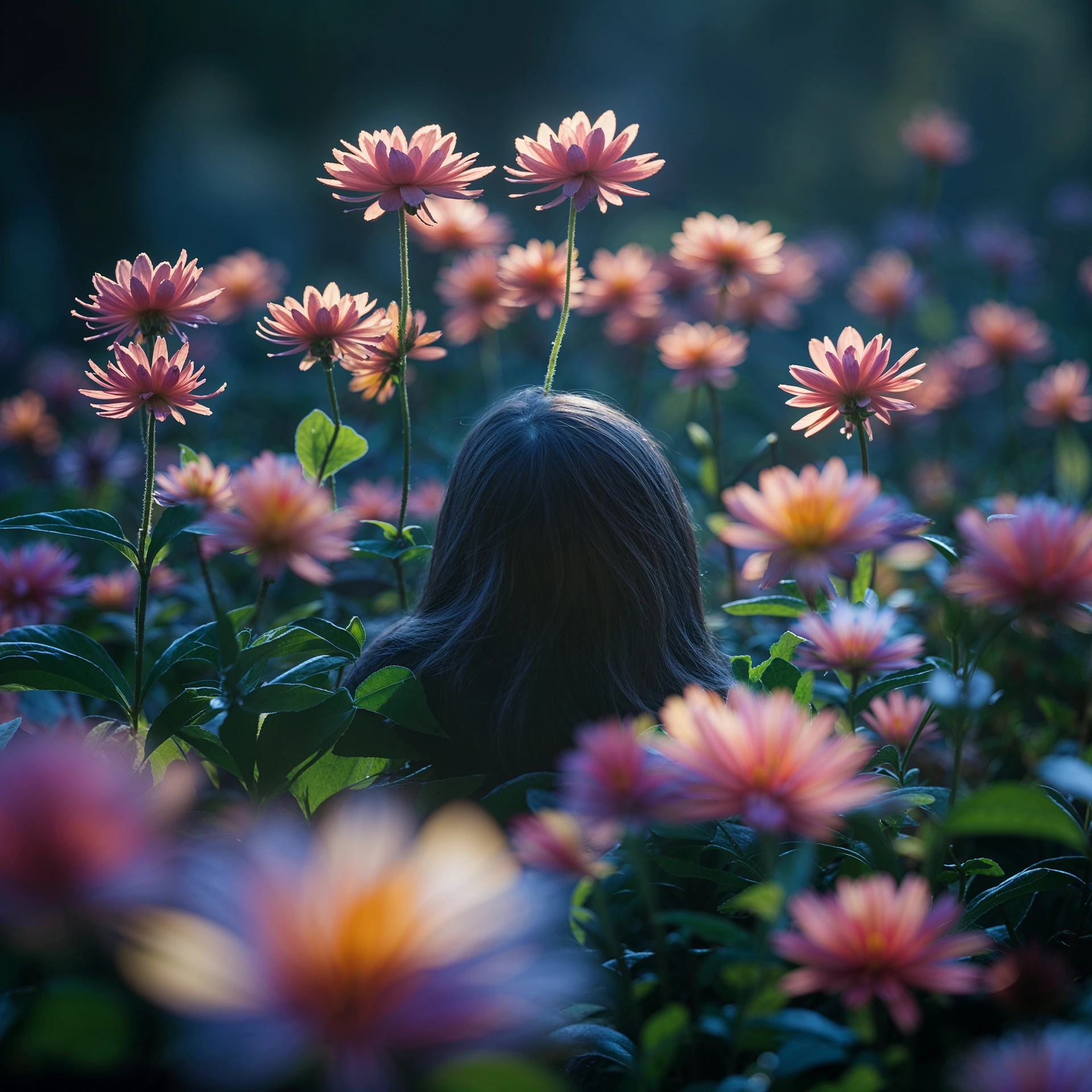 Person peaking from back of the flower with cinematic blur emoji