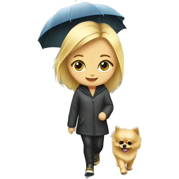 Blonde girl walking pomeranian under the rain emoji