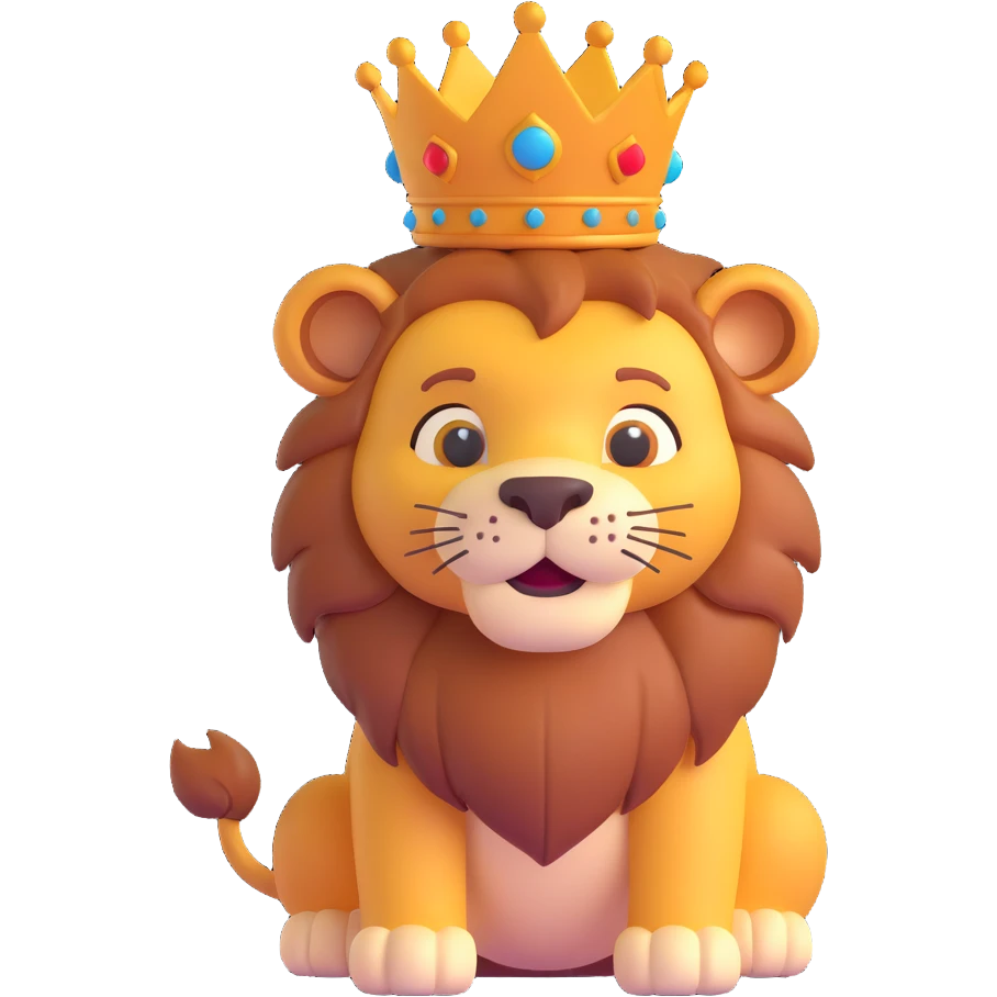 lion with a crown head, soft and friendly, cute, approachable, no background emoji