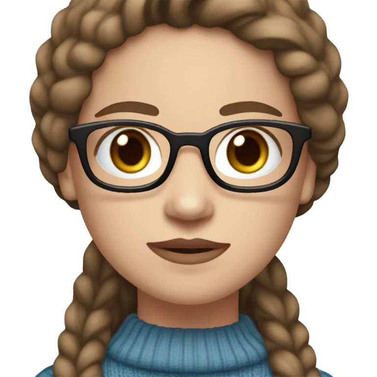 white light skin, long straight dark brown hair, light blue eyes, girl wearing aesthetic dark red sweater, glasses, emoji