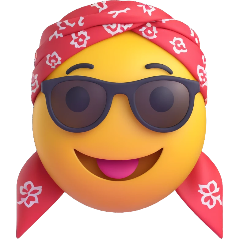3D smiley emoji, round shape, motorcyclist with bandana: colorful bandana on head, sunglasses, smiling face emoji
