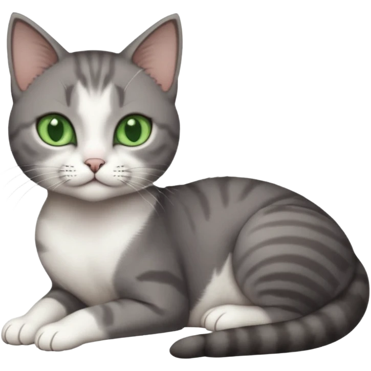 full body tiny short hair dark grey and white cat with white front legs and green eyes lying down emoji