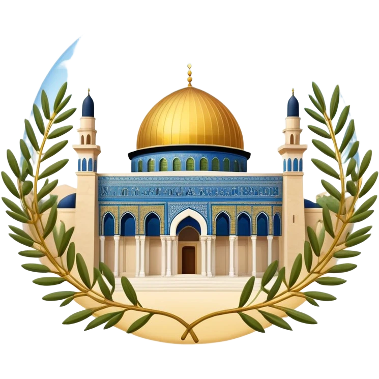 "A circular emoji-style icon of Al-Aqsa Mosque with golden dome, surrounded by olive branches, minimalist flat design, transparent background, happy style"
 emoji