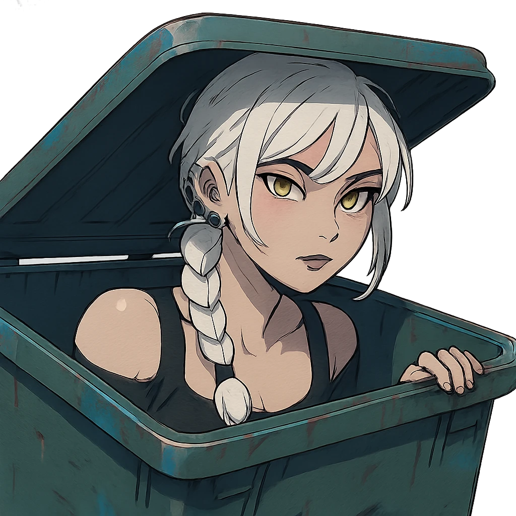 she is poking out from a garbage dumpster, a closeup portrait of young woman with gold yellow eyes, white hair, long braid, black off-shoulder top d-cup, punk gothic style, futuristic cyberwave cyberpunk, emoji