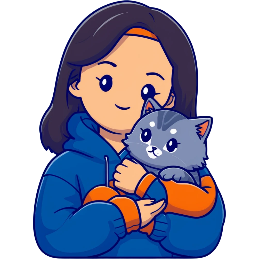 Brunette girl with dark blue sweatshirt snuggling a fluffy grey Siberian cat emoji