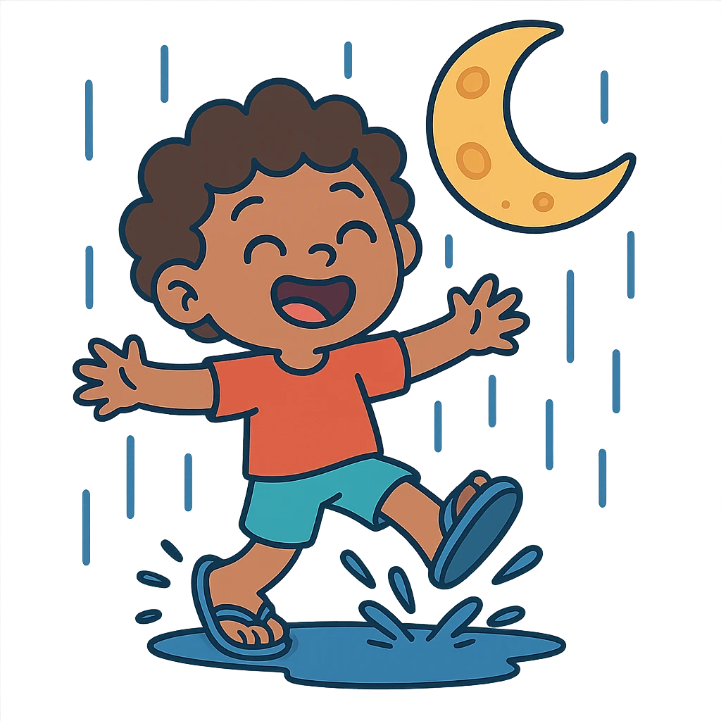flat toon style criança animada de chinelos, chuva e lua estilizada emoji