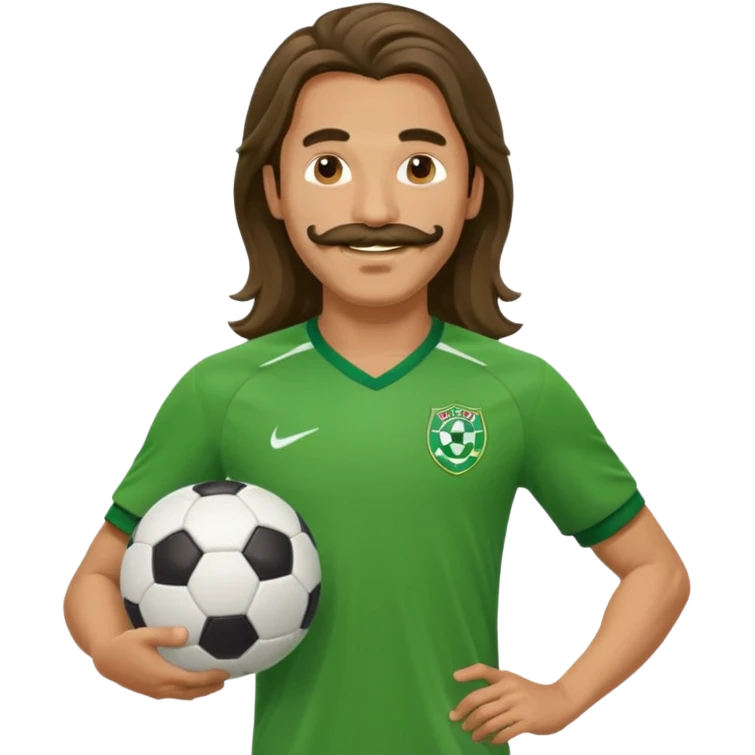 long hair man soccer player green jersey with mustache holding soccer ball emoji