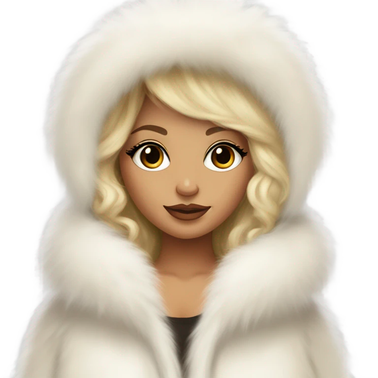 Tanned Girl with lashes , blonde hair, in an extremely big fluffy oversized white fur coat with hood on. The fur is real and it’s very obvious big and fluffy like in Pinterest  emoji