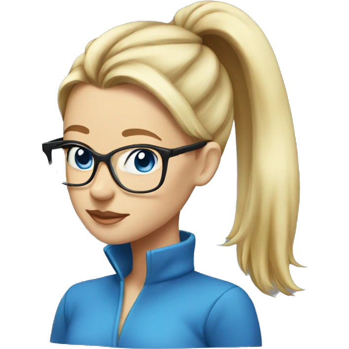  Blonde hair in a high pony tail on top of head, blue eyes, glasses, lady emoji