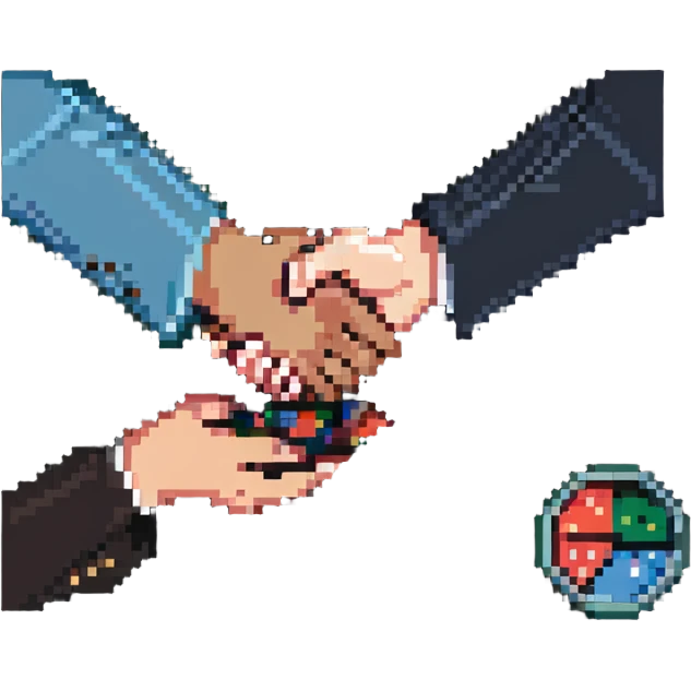 scene of two people shaking hands over a table with charts and coins emoji