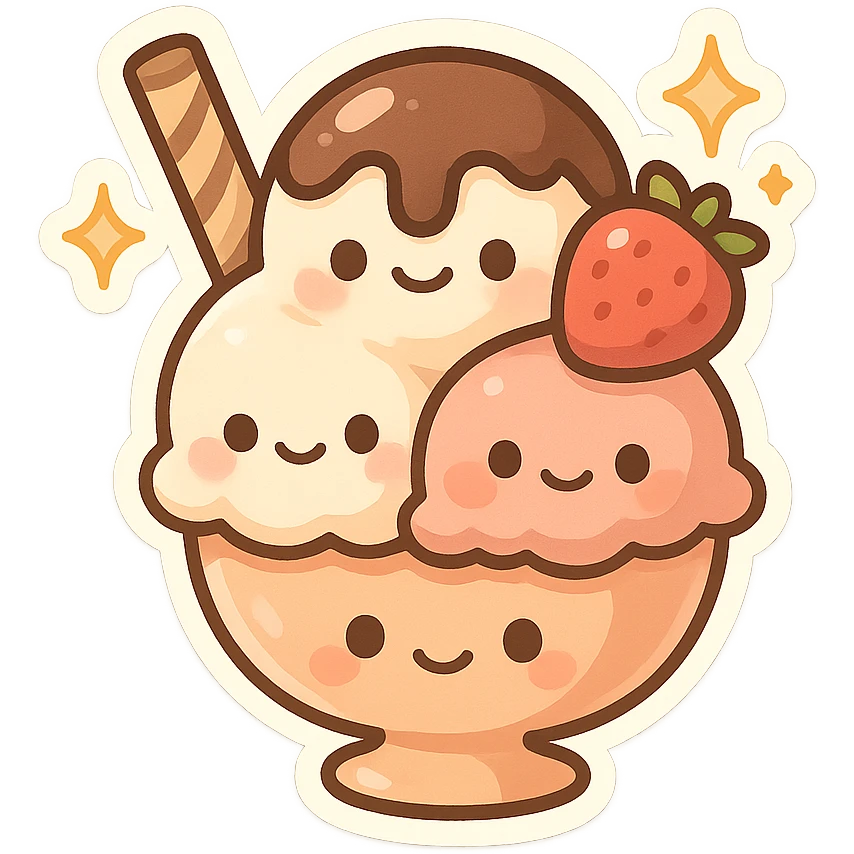 chibi sticker-style ice cream sundae with sparkles, cute and exaggerated emoji
