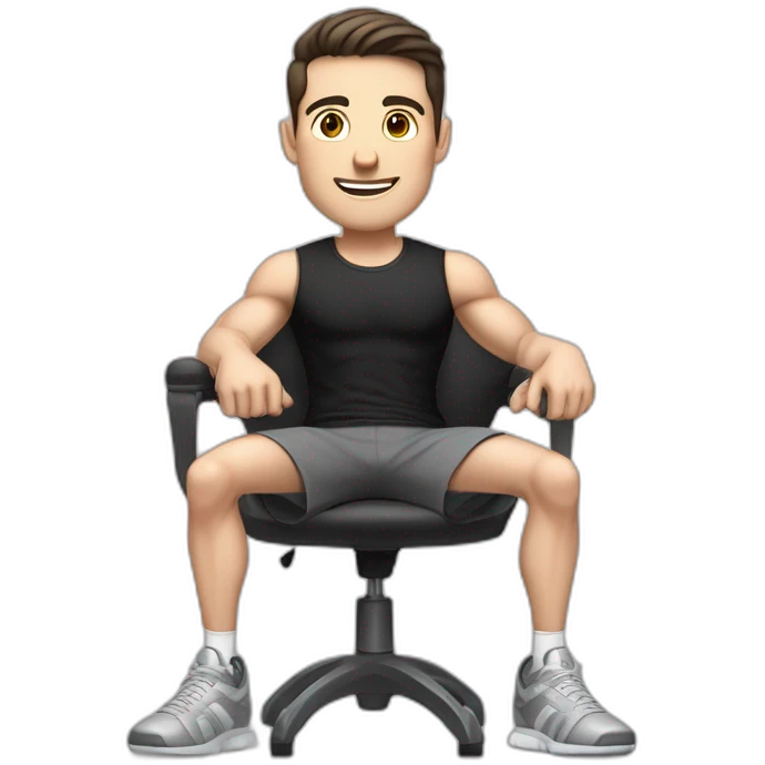 Pale skinned Fit Man With the biceps and dark brown hair in black shirt, gray sports shorts and white Sneakers Sitting on a chair emoji