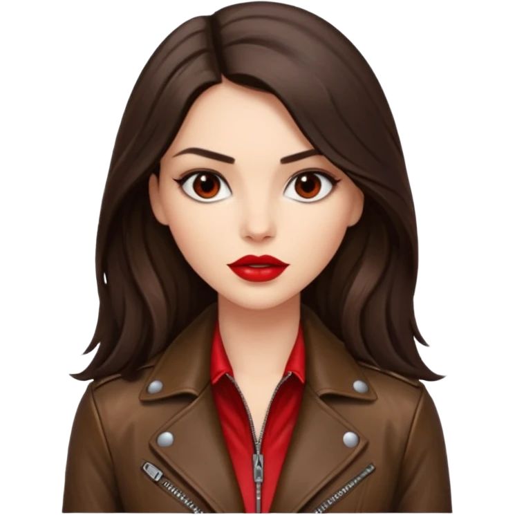 brunette with long hair in cuir jacket with red lips and very dark brown eyes emoji