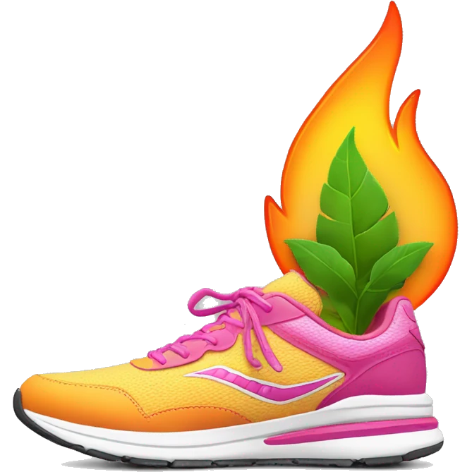 running shoe with pink laces that transform into plant leaves at the tips also behind the running shoe there are orange yellow flames as if the shoe is running with fire behind it emoji