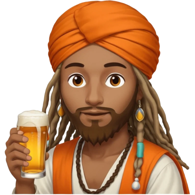 Brownskin man with long dreadlocks add a white turban on his head orange shirt drinking bear emoji