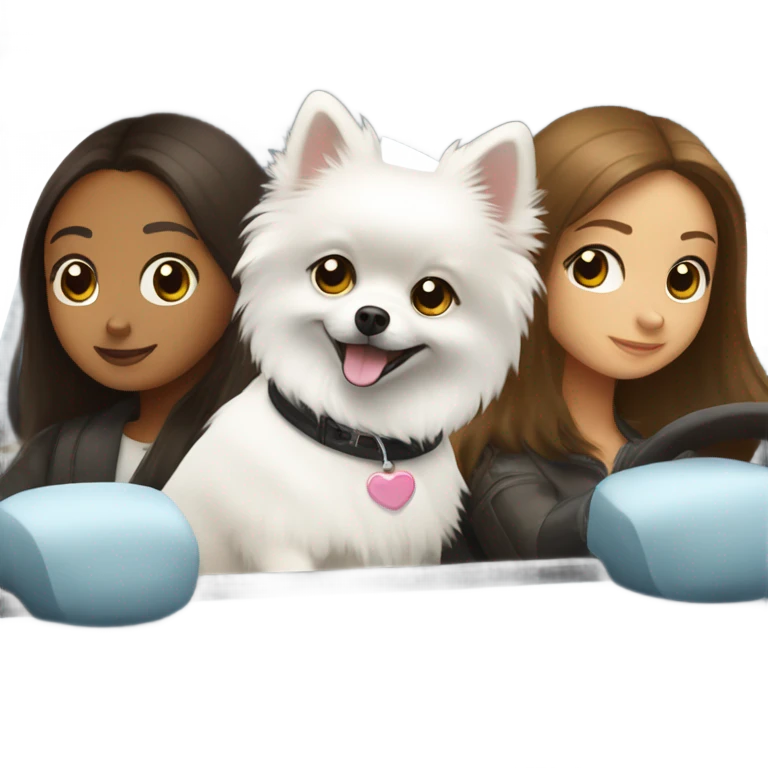 Pomeranian white in car with brunette girl emoji