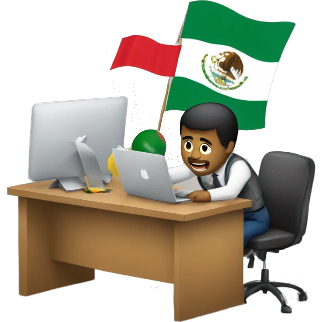 men working on a desk with a macbook  and the mexican and brasil flags on the background  emoji